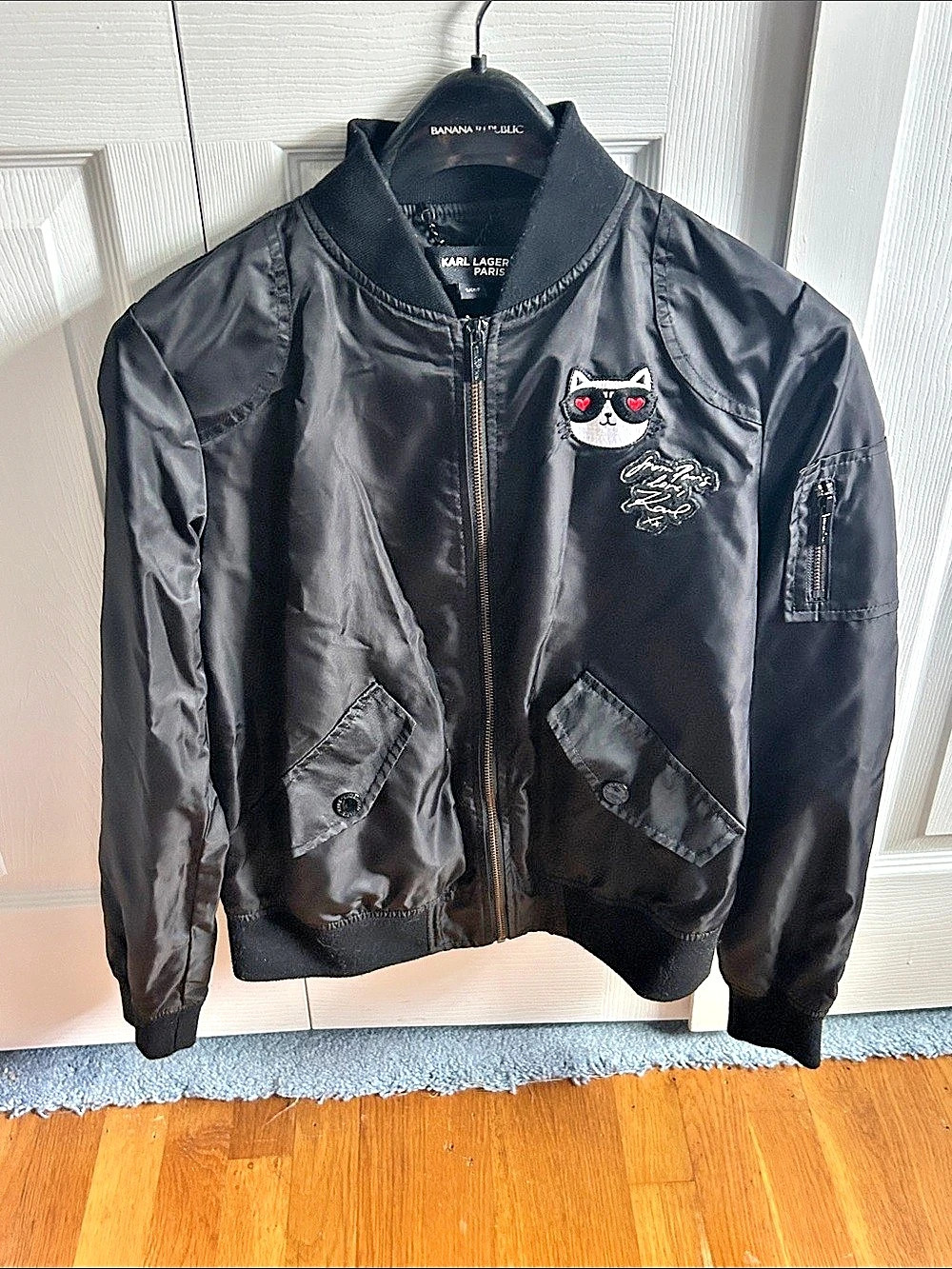 Karl Lagerfeld Cat Embroidered Black Bomber Jacket Size Small